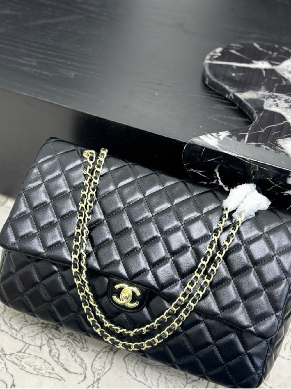 Classic Quilted Black Shoulder Laptop Bag with Gold Chain